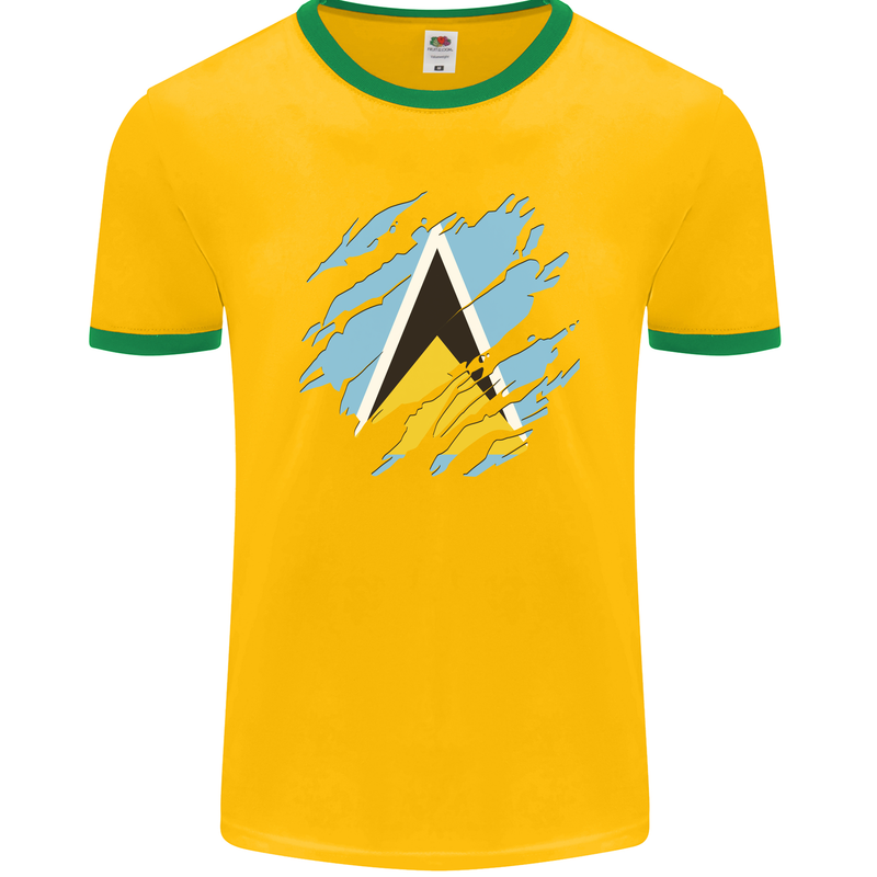 Torn Saint Lucia Flag Lucian Day Football Mens Ringer T-Shirt FotL Gold/Green