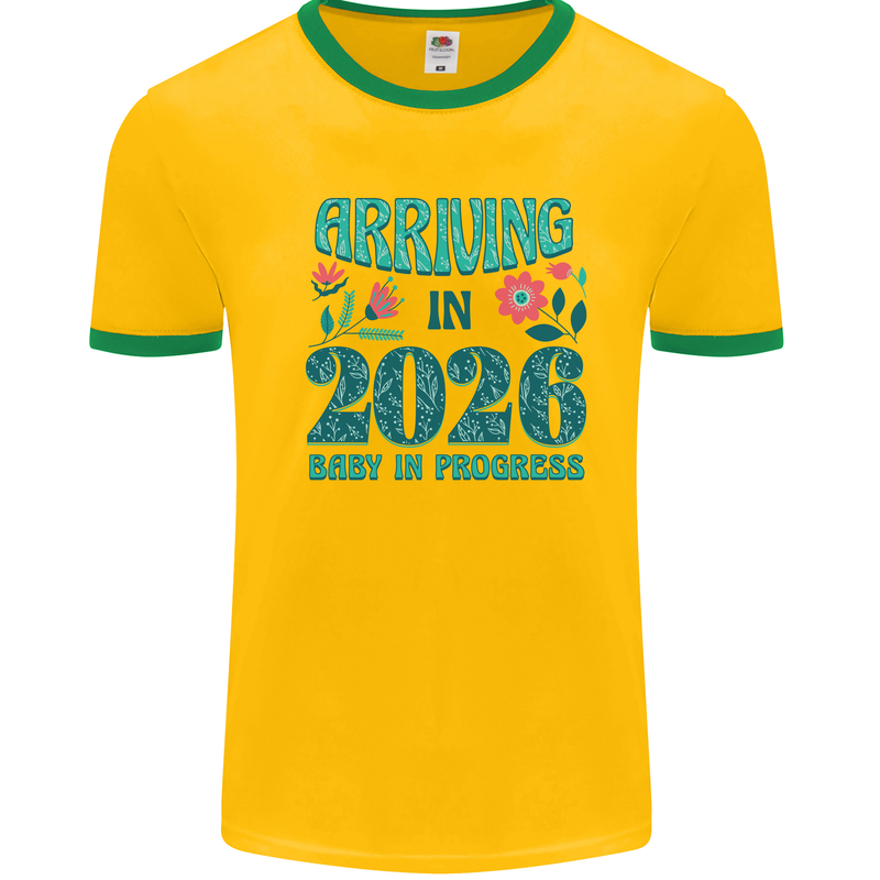 Arriving 2026 New Baby Pregnancy Pregnant Mens Ringer T-Shirt Gold/Green