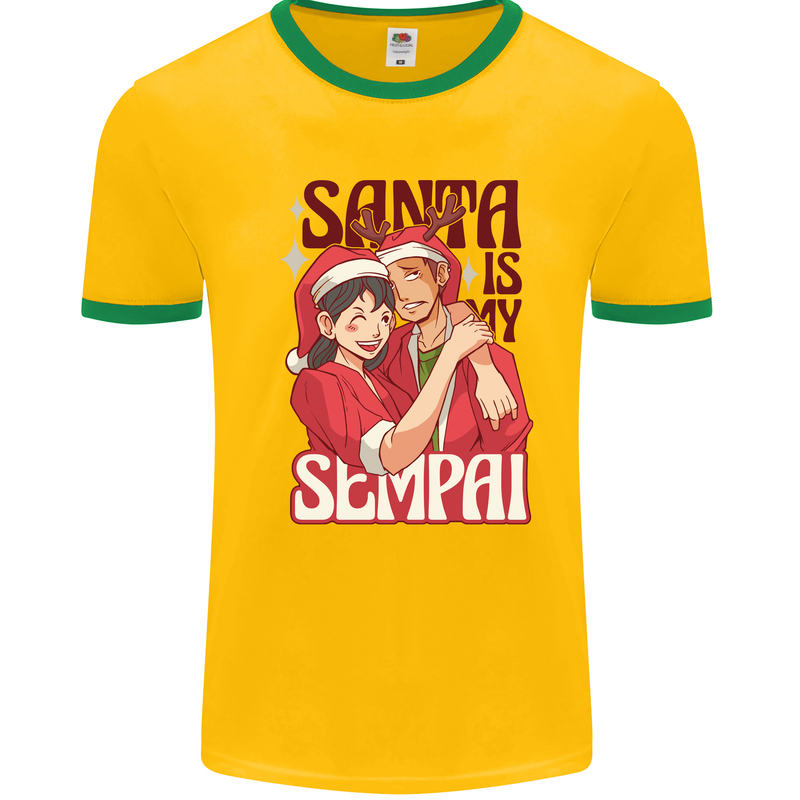 Santa is My Sempai Funny Anime Christmas Xmas Mens Ringer T-Shirt Gold/Green