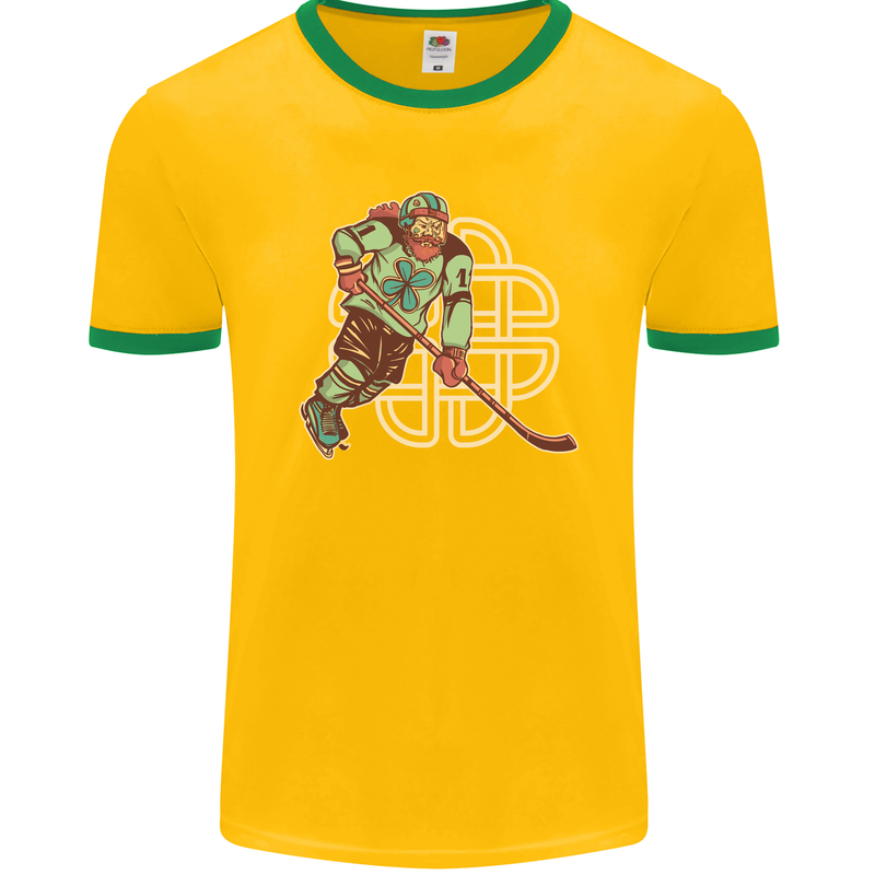 St Patricks Day Ice Hockey Mens Ringer T-Shirt FotL Gold/Green