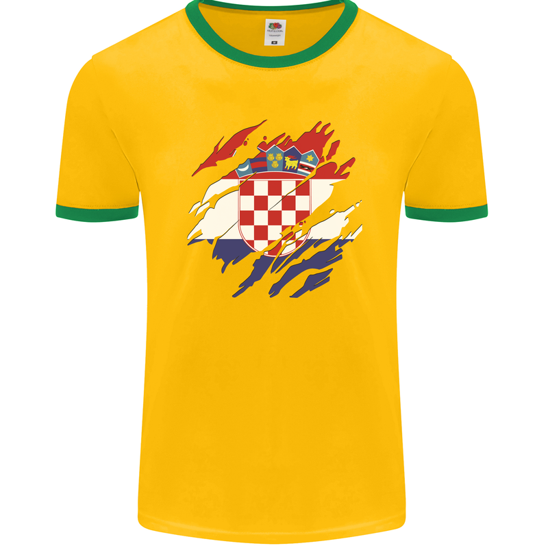 Torn Croatia Flag Croatian Day Football Mens Ringer T-Shirt FotL Gold/Green