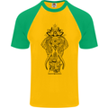 Black Mandala Art Elephant Mens S/S Baseball T-Shirt Gold/Green