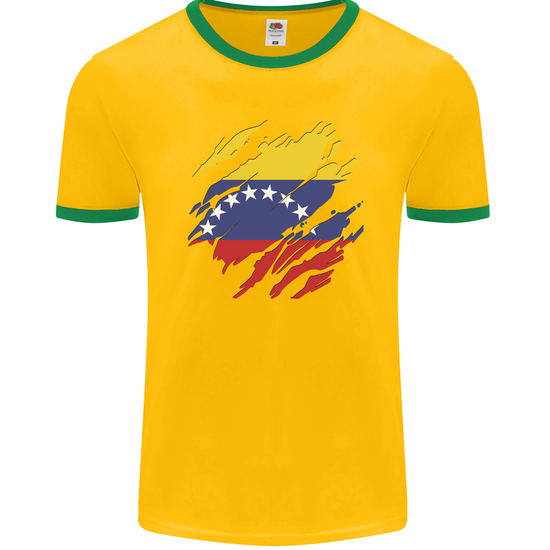 Torn Venezuela Flag Venezuelans Day Football Mens Ringer T-Shirt FotL Gold/Green