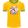 Santa Claus Riding a Unicorn Christmas Xmas Mens Ringer T-Shirt FotL Gold/Green