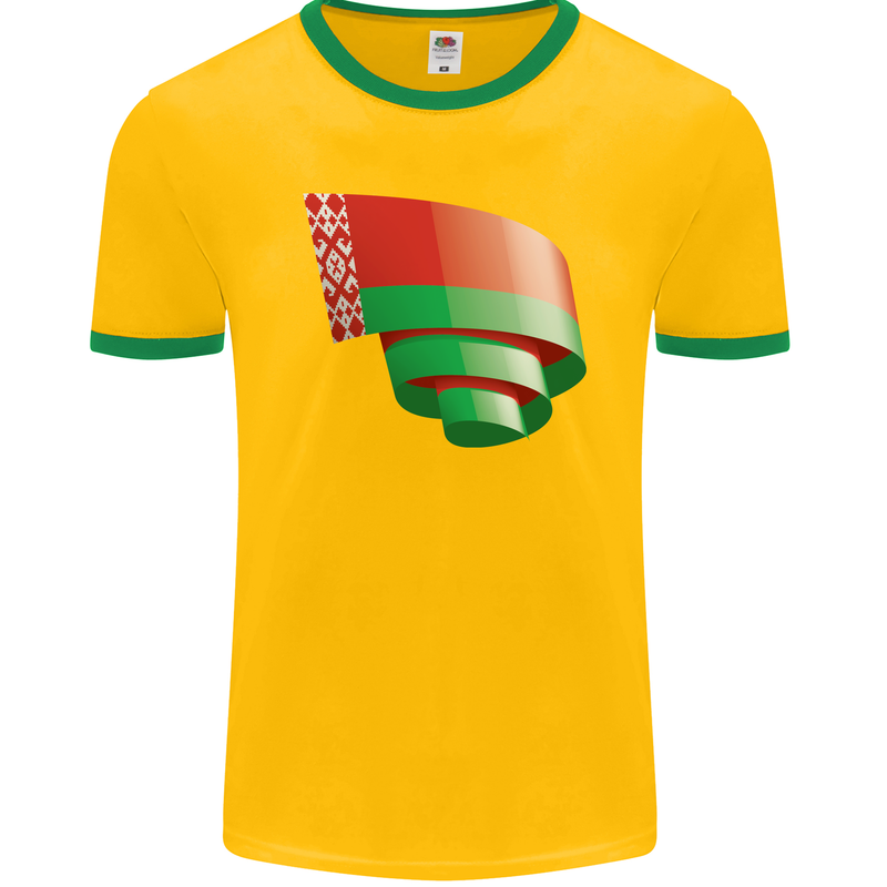 Curled Belarus Flag Belarusian Day Football Mens Ringer T-Shirt FotL Gold/Green