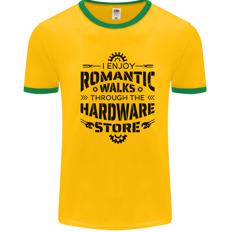 Romantic Walks Hardware Store Tradesman DIY Mens Ringer T-Shirt Gold/Green