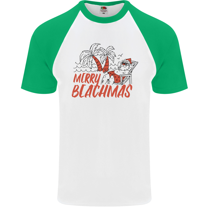 Merry Beachmas Funny Summer Santa Claus Mens S/S Baseball T-Shirt White/Green