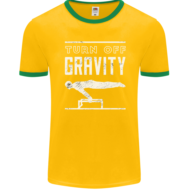 Gymnastics Turn Off Gravity Gymnast Pommel Horse Mens Ringer T-Shirt FotL Gold/Green