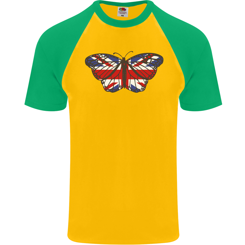 Union Jack Butterfly British Britain Flag Mens S/S Baseball T-Shirt Gold/Green
