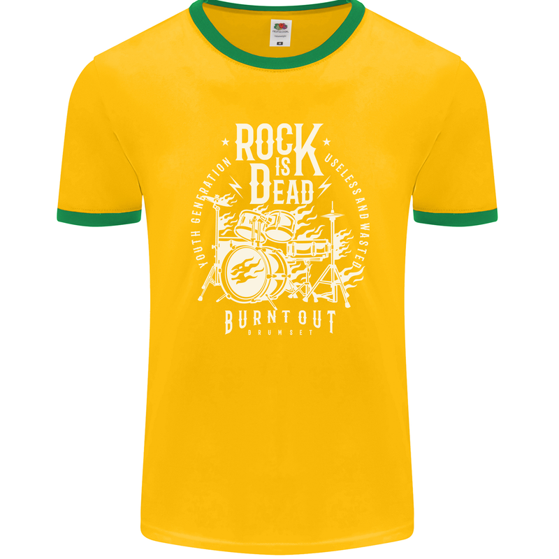 Rock is Dead Music Drummer Drumming Mens Ringer T-Shirt FotL Gold/Green