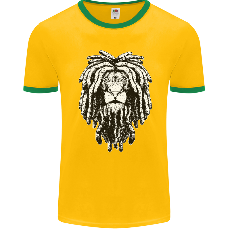 A Rasta Lion With Dreadlocks Jamaica Reggae Mens Ringer T-Shirt FotL Gold/Green