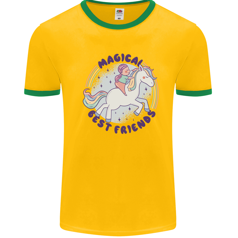 Magical Friends a Girl Riding a Unicorn Mens Ringer T-Shirt Gold/Green