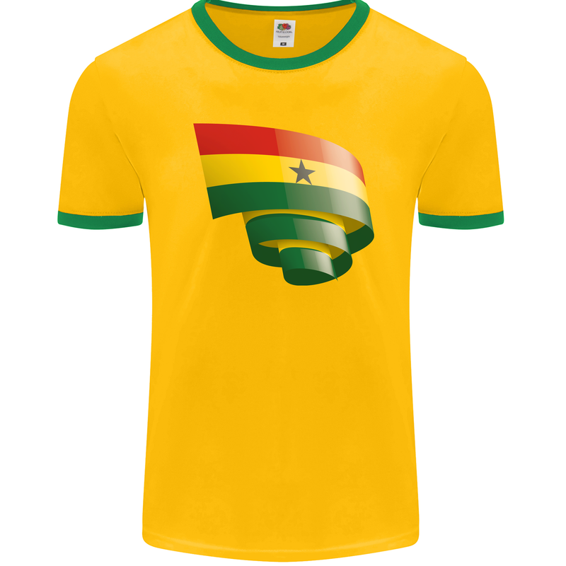 Curled Ghana Flag Ghanaian Day Football Mens Ringer T-Shirt FotL Gold/Green