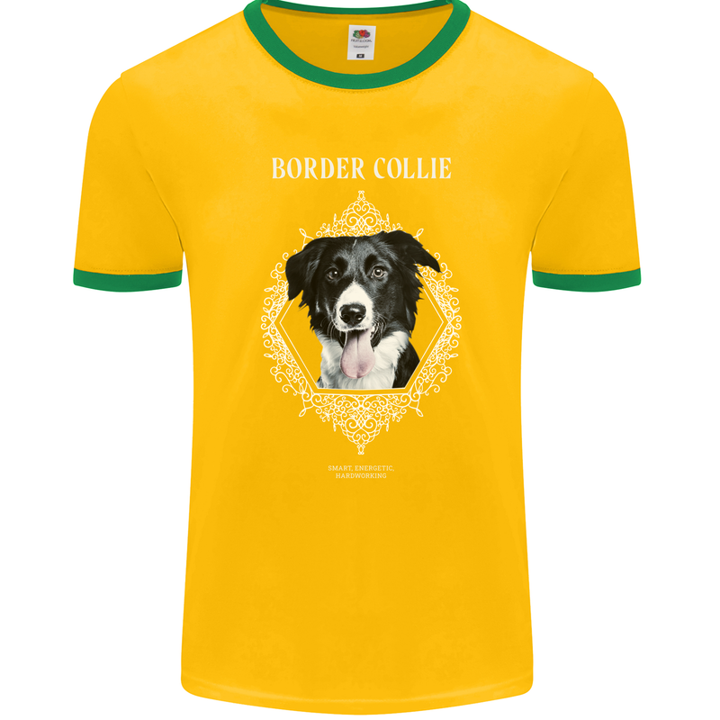 A Decorative Border Collie Mens Ringer T-Shirt FotL Gold/Green
