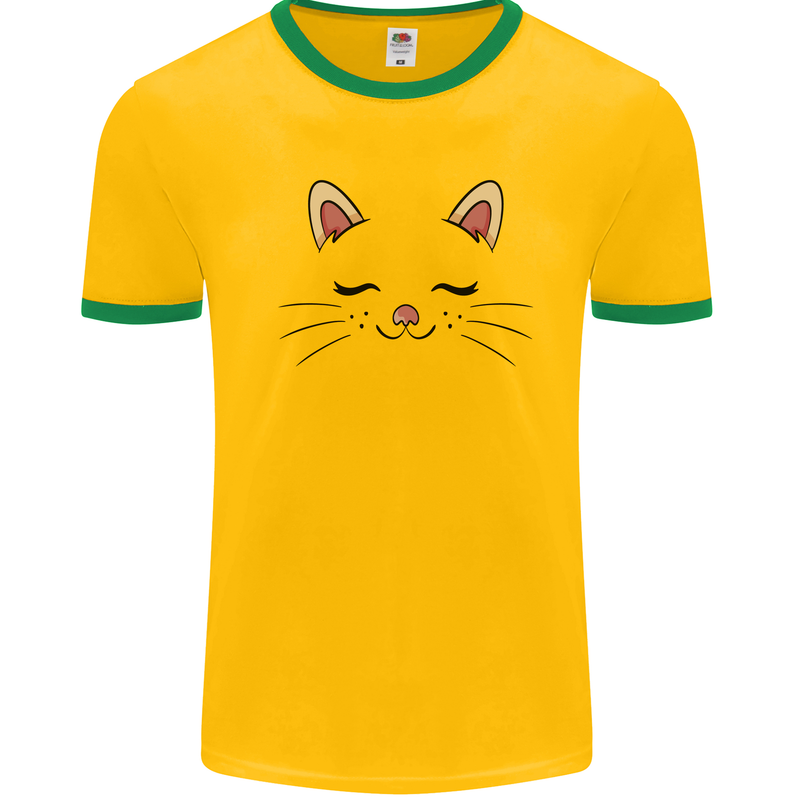 Cute Cat Face Mens Ringer T-Shirt Gold/Green