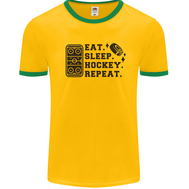 Eat Sleep Hockey Repeat Street Ice Funny Mens Ringer T-Shirt Gold/Green