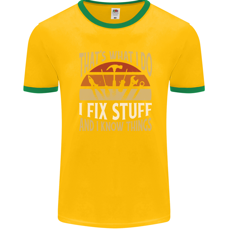 I Fix Stuff Funny Electrician Sparky Mechanic Mens Ringer T-Shirt FotL Gold/Green