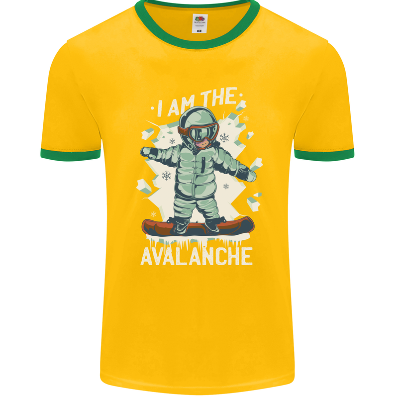 Snowboarding I Am the Avalanche Funny Mens Ringer T-Shirt FotL Gold/Green