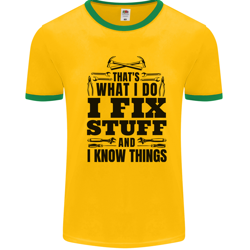 I Fix Stuff Funny Electrician Sparky DIY Mens Ringer T-Shirt Gold/Green