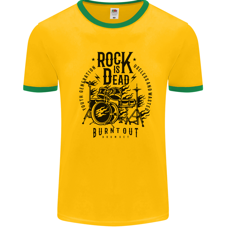 Rock is Dead Drum Kit Drummer Drumming Mens Ringer T-Shirt Gold/Green