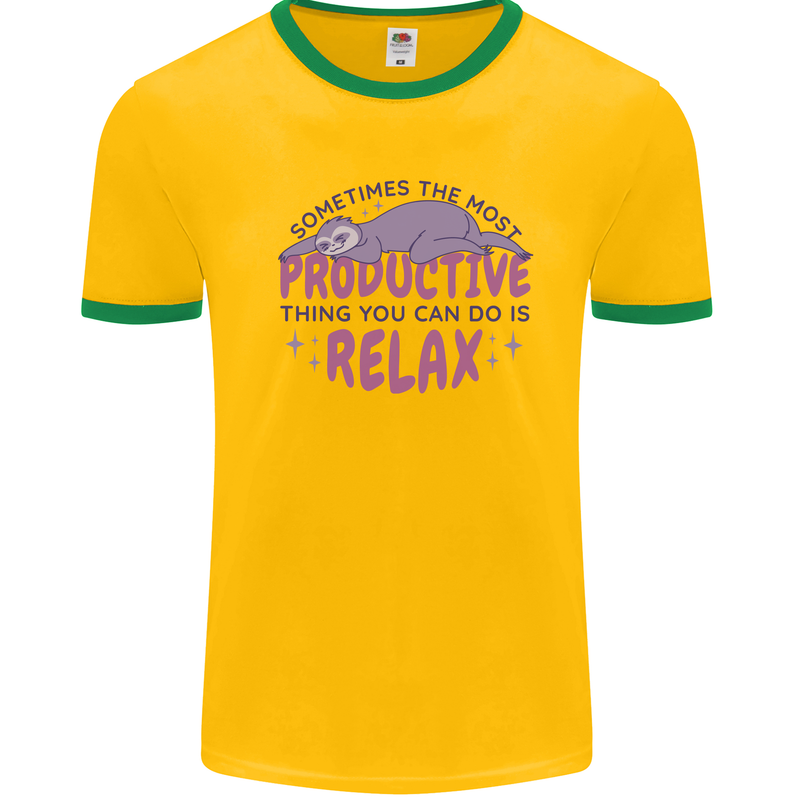 Funny Relaxing Sloth Mens Ringer T-Shirt Gold/Green