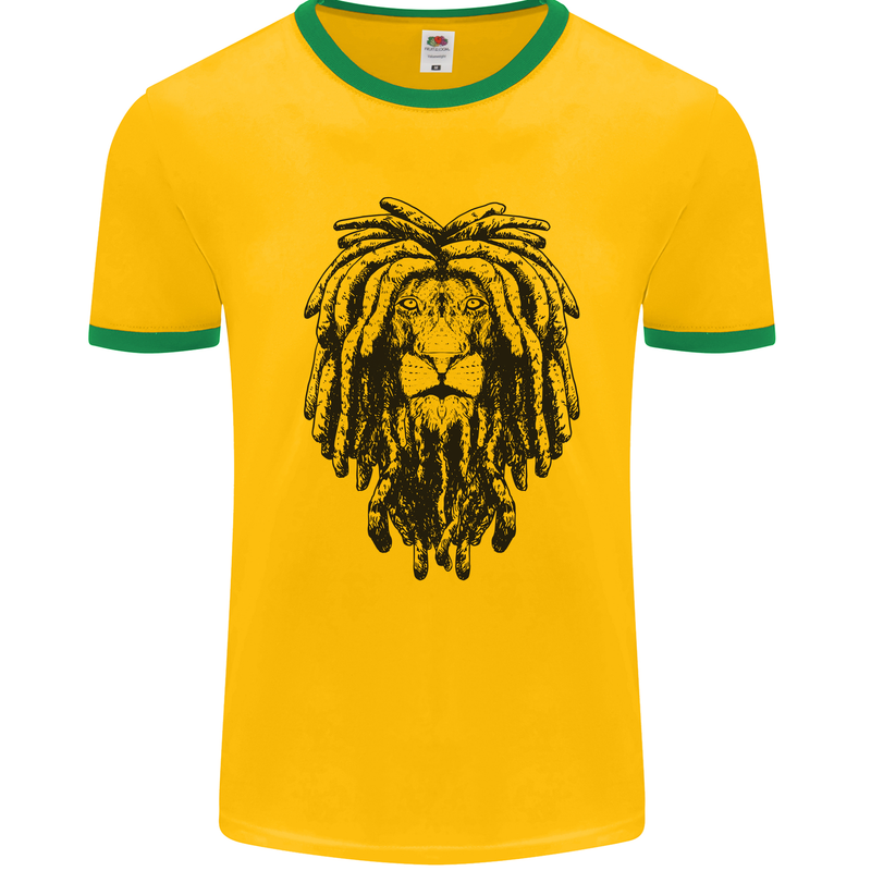 A Rasta Lion With Dreadlocks Jamaican Reggae Mens Ringer T-Shirt Gold/Green