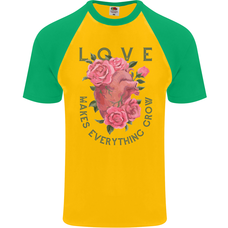 Love Makes Everything Grow Valentines Day Mens S/S Baseball T-Shirt Gold/Green