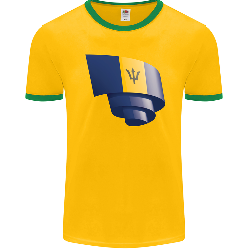 Curled Barbados Flag Barbadians Day Football Mens Ringer T-Shirt FotL Gold/Green