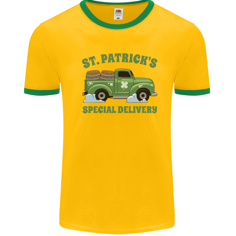 St Patricks Beer Delivery Funny Alcohol Guiness Mens Ringer T-Shirt Gold/Green