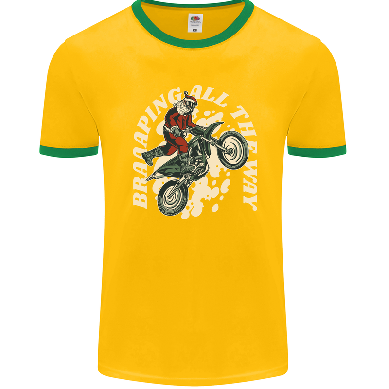 Motocross Christmas Santa MotoX Biker Motorcycle Mens Ringer T-Shirt FotL Gold/Green