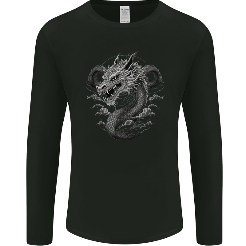 Greyscale Dragon Mens Long Sleeve T-Shirt Black