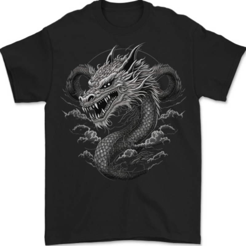 Greyscale Dragon Mens T-Shirt 100% Cotton BLACK