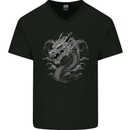 Greyscale Dragon Mens V-Neck Cotton T-Shirt Black