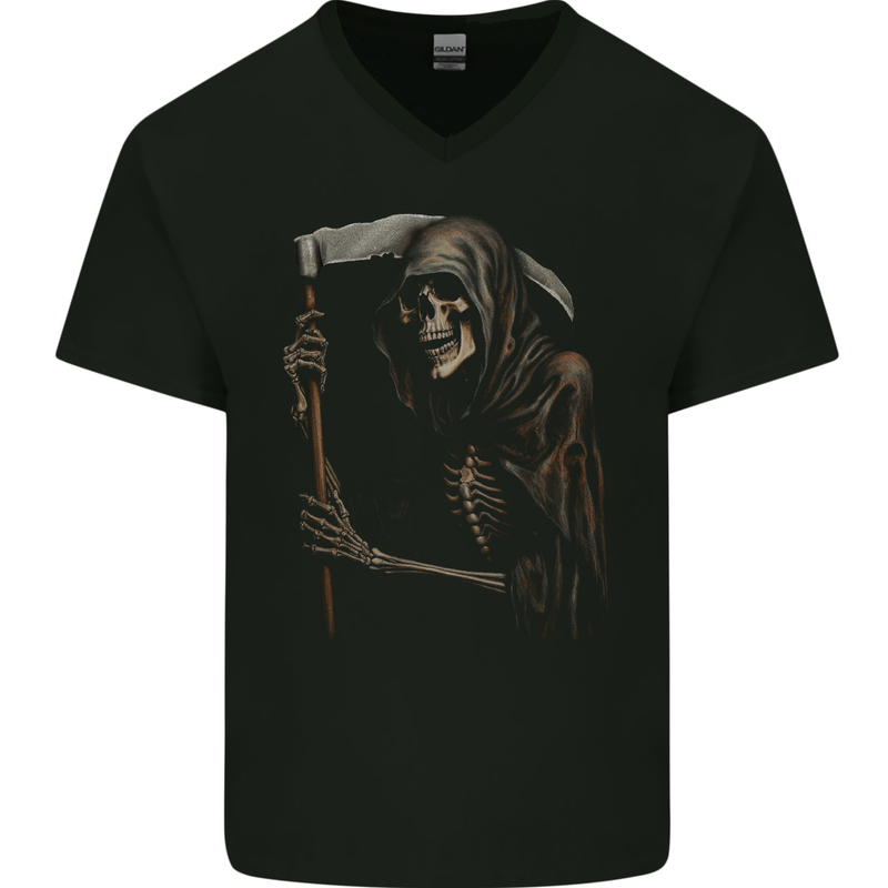 Grim Reaper Gothic Heavy Metal Skull Mens V-Neck Cotton T-Shirt Black