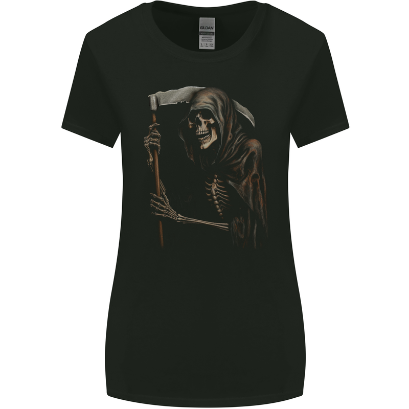 Grim Reaper Gothic Heavy Metal Skull Womens Wider Cut T-Shirt Black