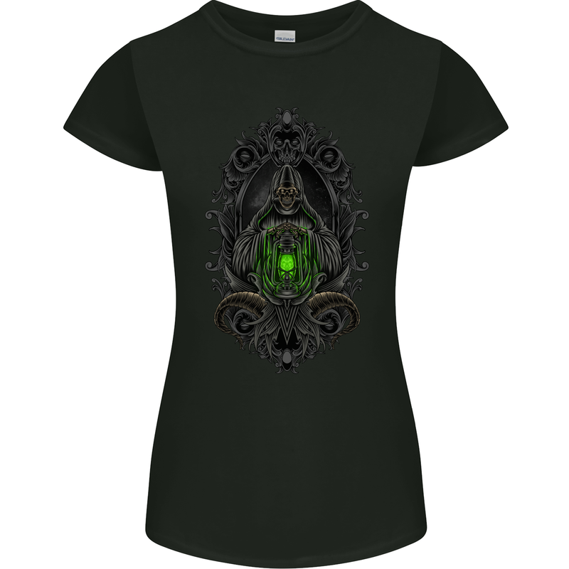 Grim Reaper Gothic Skull Heavy Metal Lantern Womens Petite Cut T-Shirt Black
