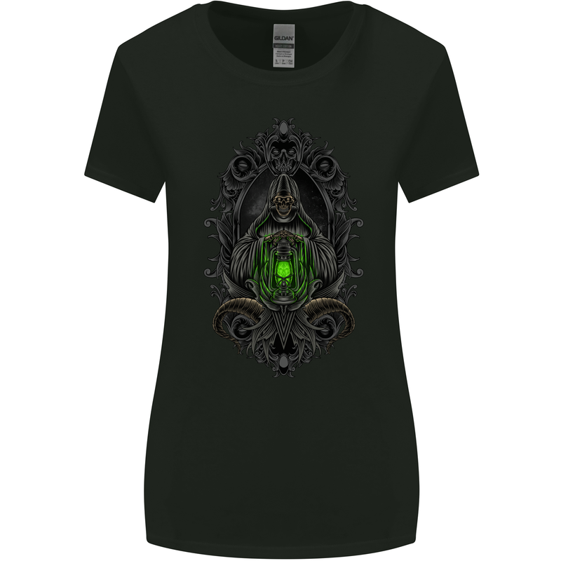 Grim Reaper Gothic Skull Heavy Metal Lantern Womens Wider Cut T-Shirt Black