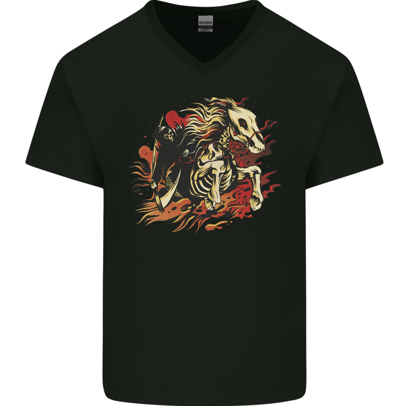 Grim Reaper Horse From Hell Mens V-Neck Cotton T-Shirt Black