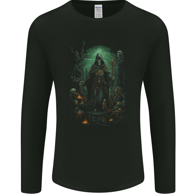 Grim Reaper Surrounded by Skulls Mens Long Sleeve T-Shirt Black