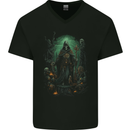 Grim Reaper Surrounded by Skulls Mens V-Neck Cotton T-Shirt Black