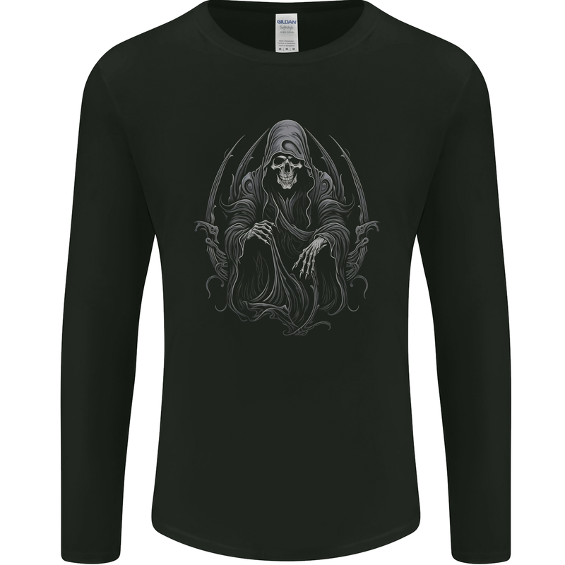 Grim Reaper Throne Skull Mens Long Sleeve T-Shirt Black