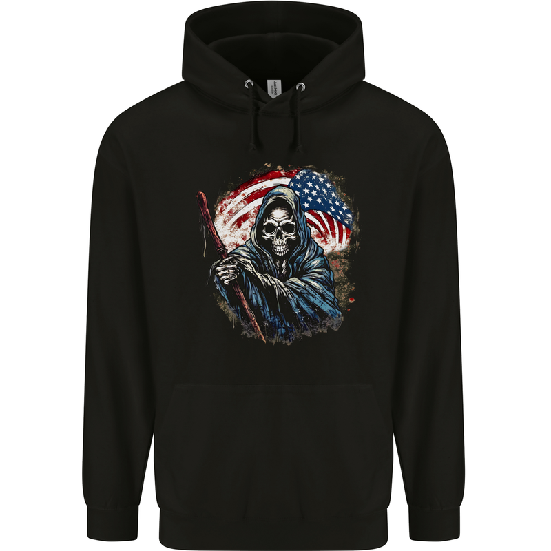 Grim Reaper USA Flag America Skull Childrens Kids Hoodie Black