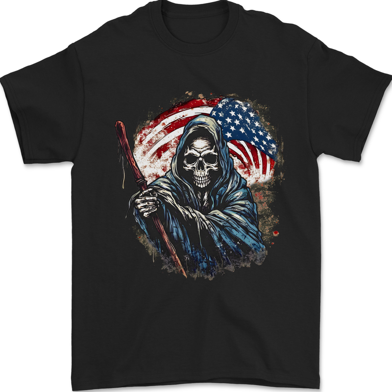 Grim Reaper USA Flag America Skull Mens T-Shirt 100% Cotton Black