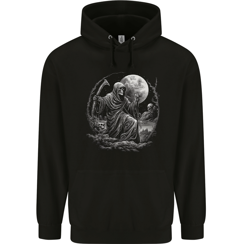 Grim Reaper With a Full Moon and Skulls Childrens Kids Hoodie Black