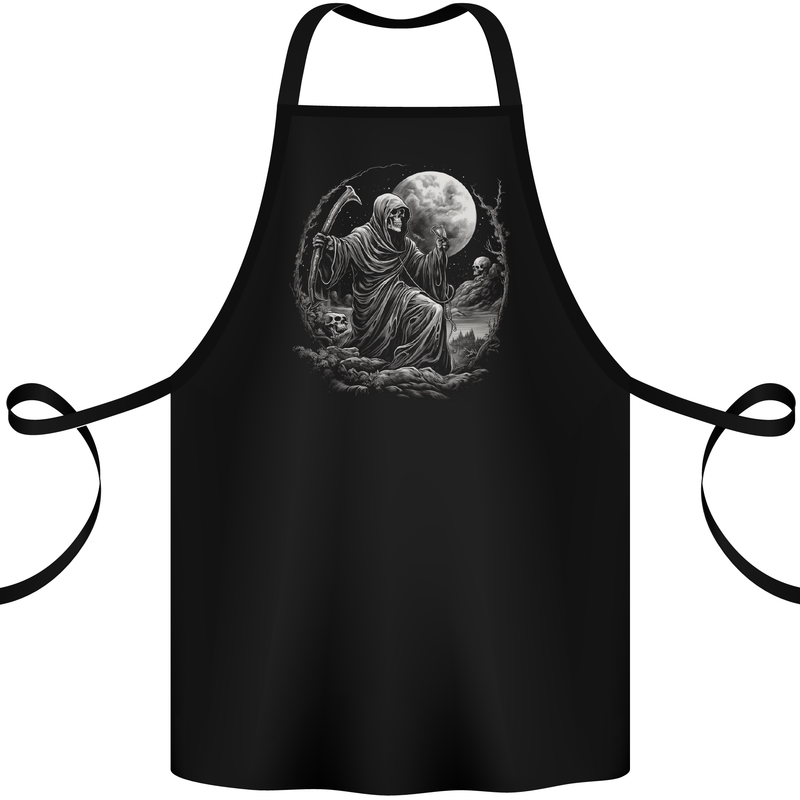 Grim Reaper With a Full Moon and Skulls Cotton Apron 100% Organic Black
