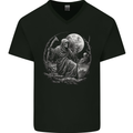 Grim Reaper With a Full Moon and Skulls Mens V-Neck Cotton T-Shirt Black