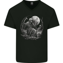 Grim Reaper With a Full Moon and Skulls Mens V-Neck Cotton T-Shirt Black