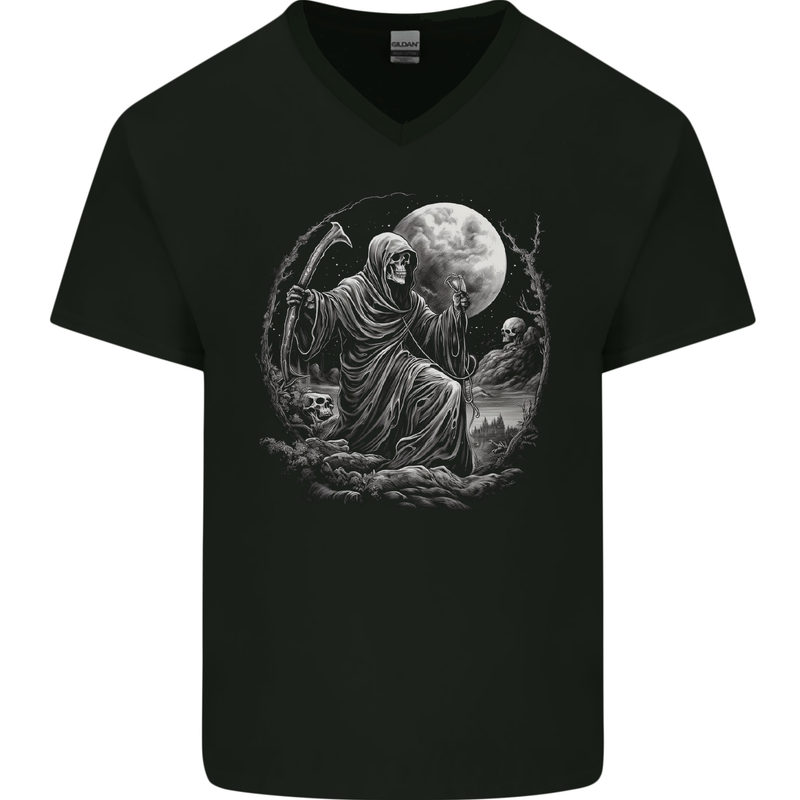 Grim Reaper With a Full Moon and Skulls Mens V-Neck Cotton T-Shirt Black