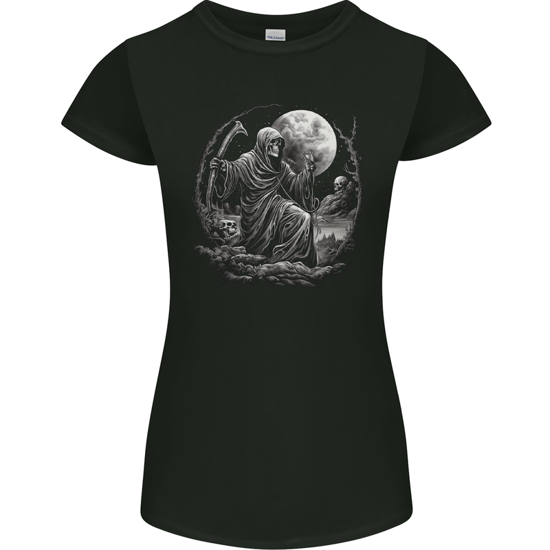 Grim Reaper With a Full Moon and Skulls Womens Petite Cut T-Shirt Black