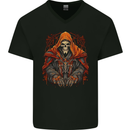 Grim Reaper in Medieval Satanic Robes Mens V-Neck Cotton T-Shirt Black
